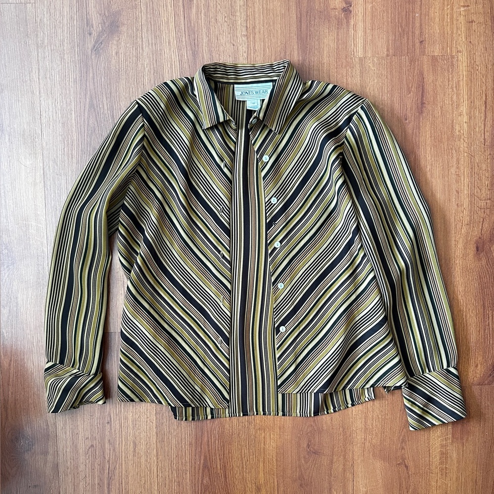 Vintage Jones Wear Striped Polyester Button Up Blouse